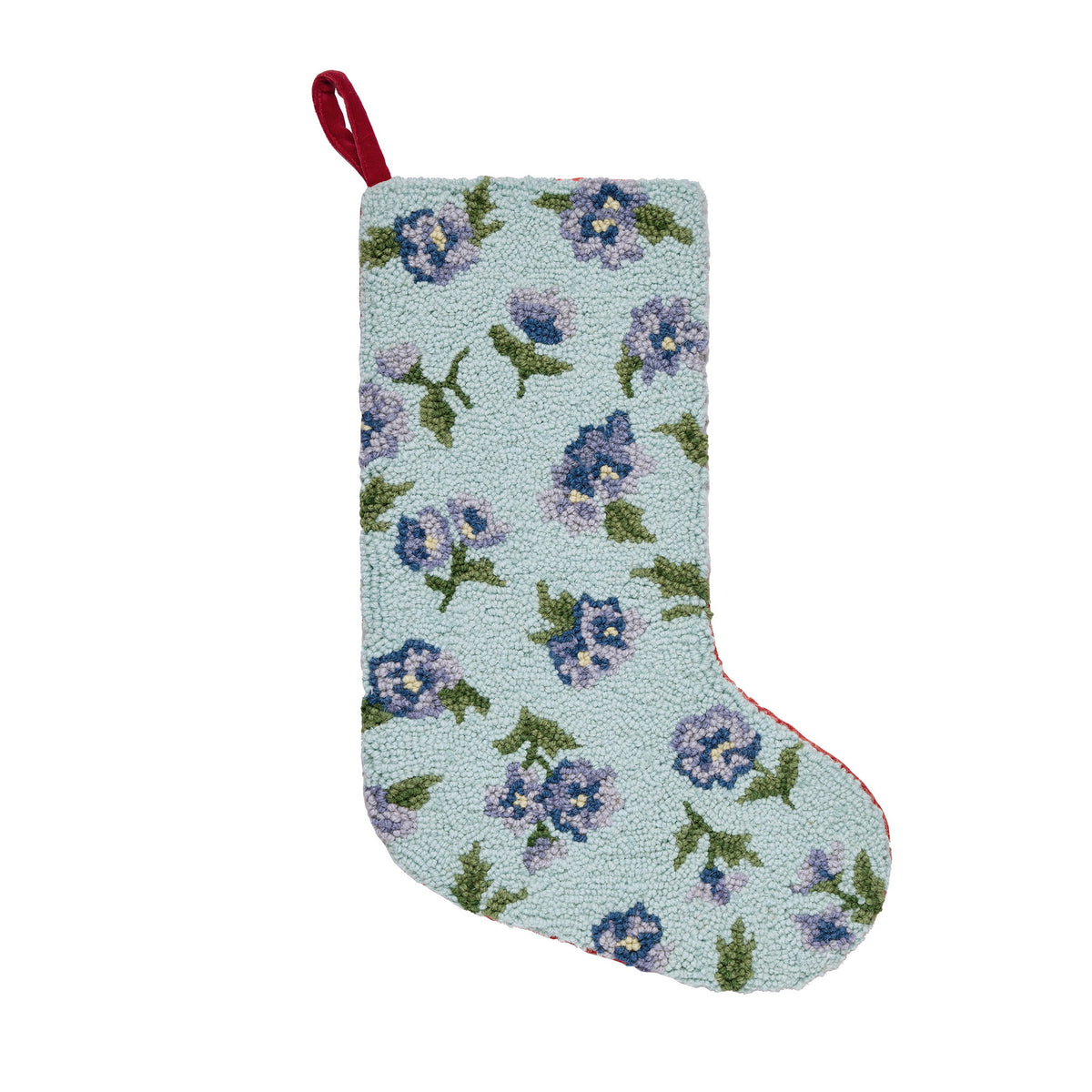Teal & Purple Floral Hooked Wool Christmas Stocking, 12x20 inch, front view