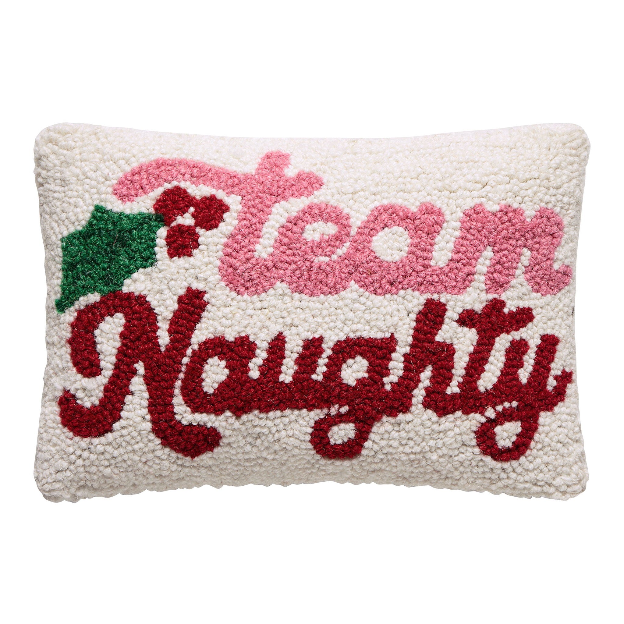 Team Naughty Hooked Wool Christmas Throw Pillow, 8x12 inch, front view