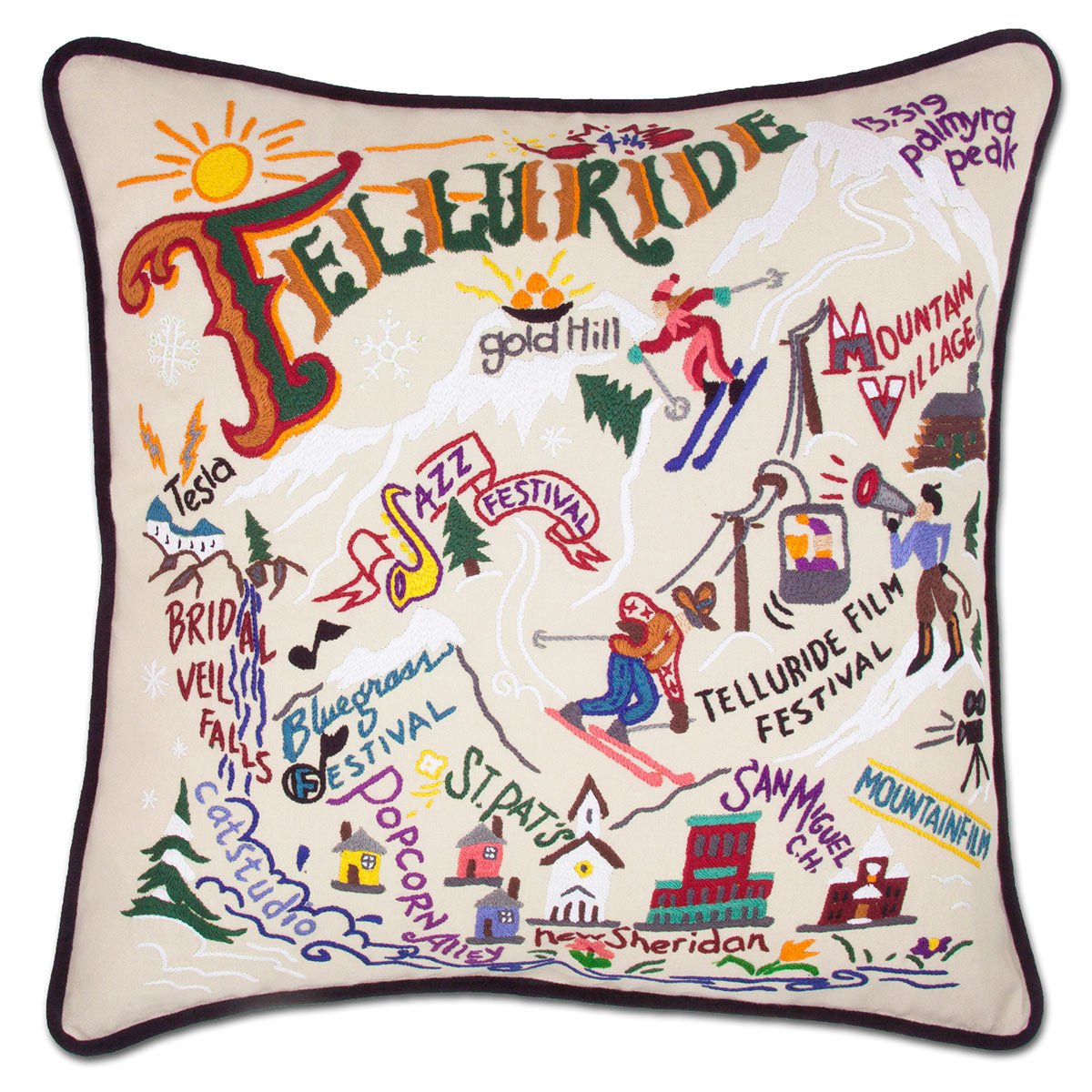 Telluride, CO hand-embroidered throw pillow with rustic lodge-style design