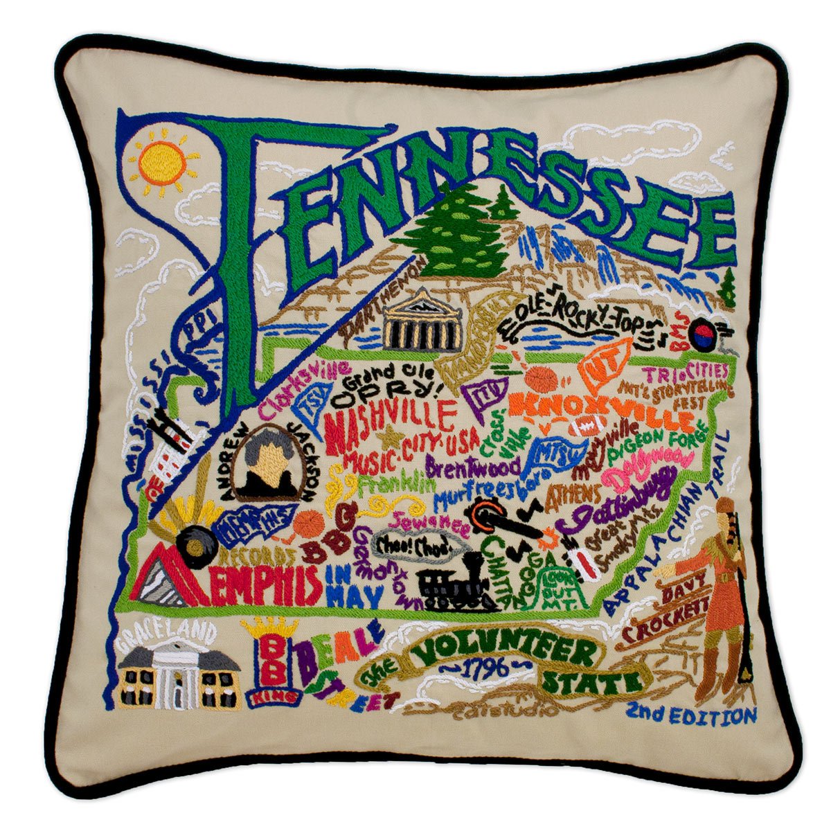 Tennessee State Volunteer hand-embroidered throw pillow showcasing iconic landmarks