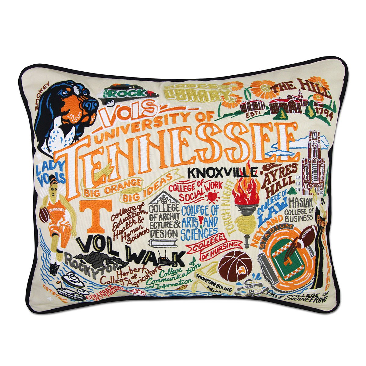 Tennessee Volunteers hand-embroidered throw pillow featuring school colors and mascot imagery