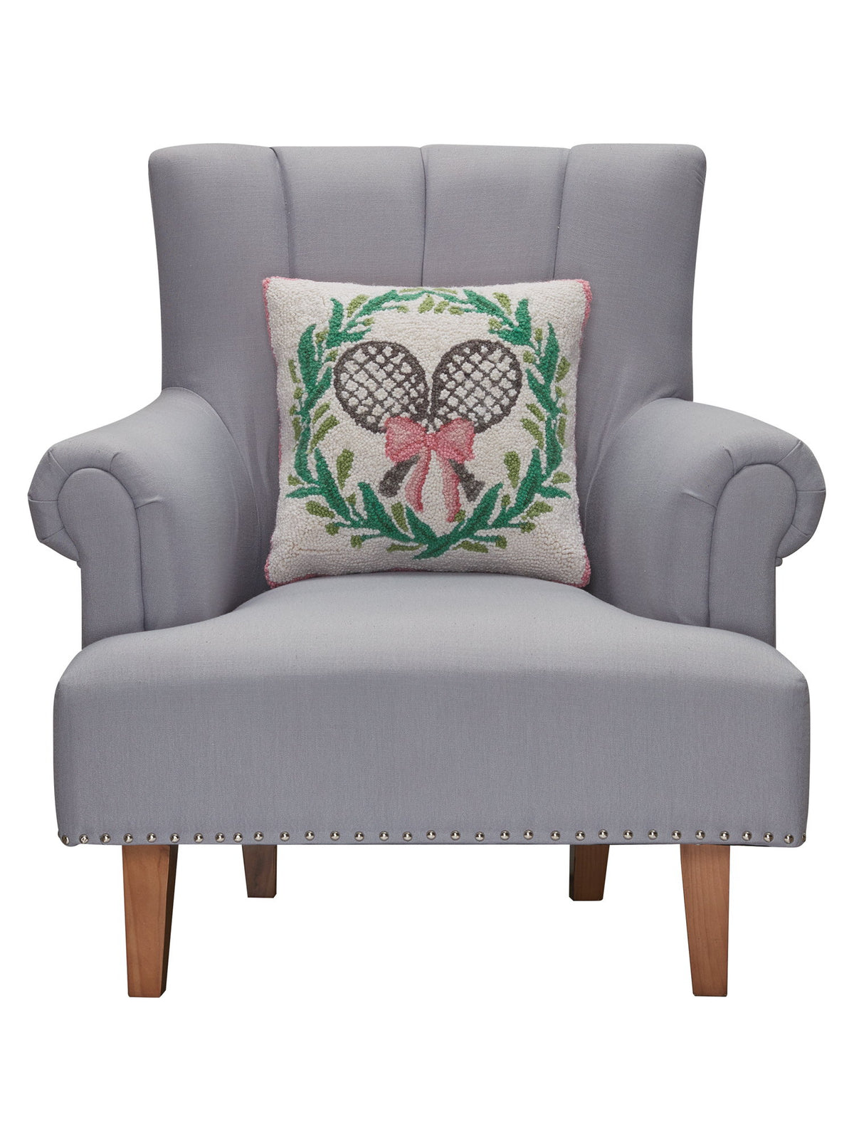 Tennis with Wreath Hooked Wool Throw Pillow on an armchair, showing the throw pillow at room scale, 16x16 inch