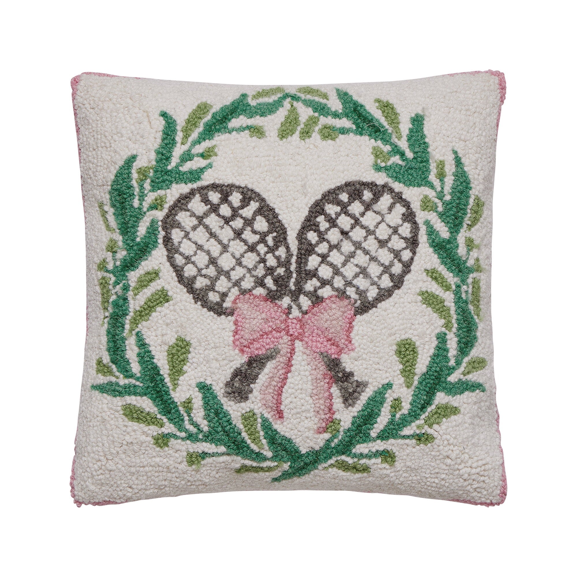 Tennis with Wreath Hooked Wool Throw Pillow, 16x16 inch, front view
