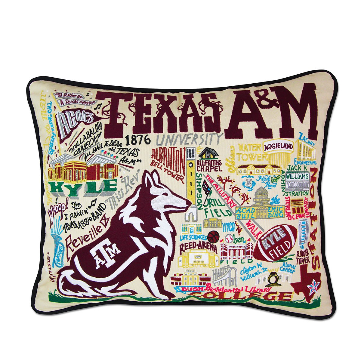 Texas A&M University Aggies hand-embroidered throw pillow featuring school colors and mascot imagery