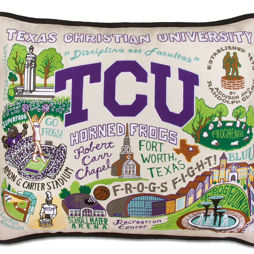 Texas Christian University Horned Frogs hand-embroidered throw pillow featuring school colors and mascot imagery