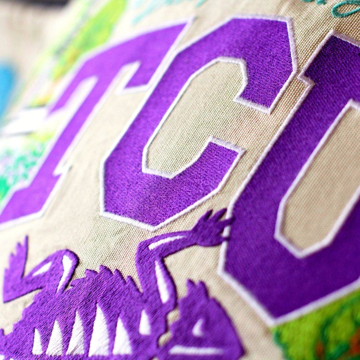 Texas Christian University Horned Frogs Embroidered Pillow - close-up detail of hand-embroidered needlepoint stitching