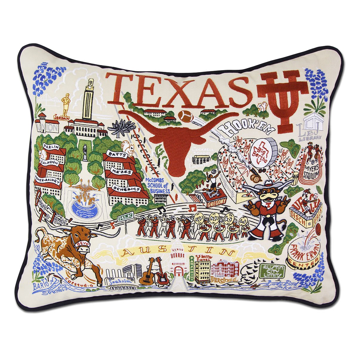 Texas Longhorns hand-embroidered throw pillow featuring school colors and mascot imagery