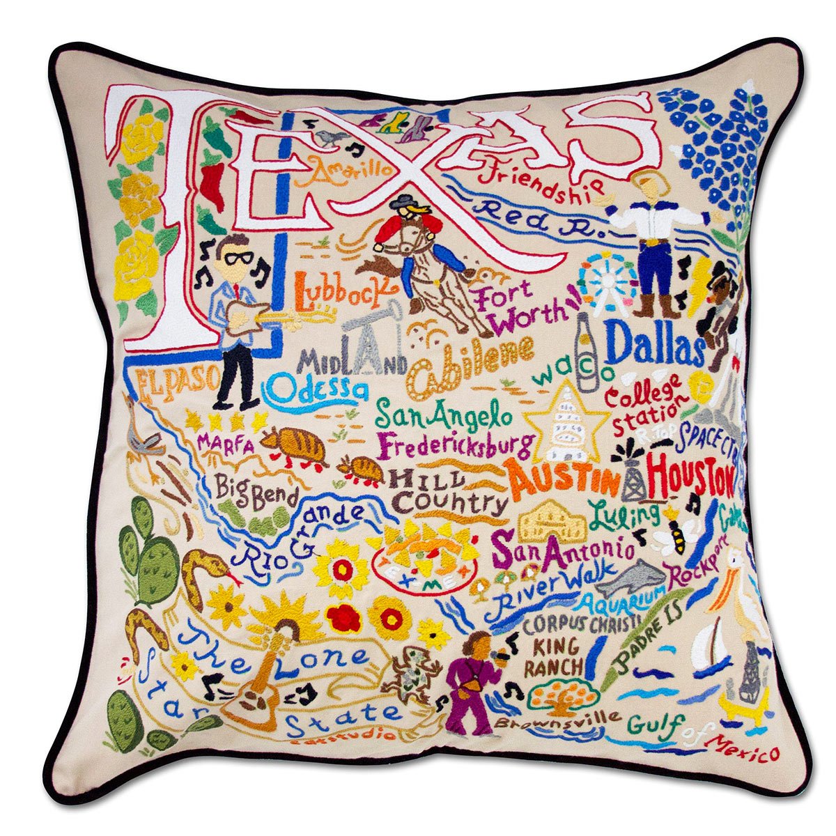 Texas State Lone Star hand-embroidered throw pillow showcasing iconic landmarks
