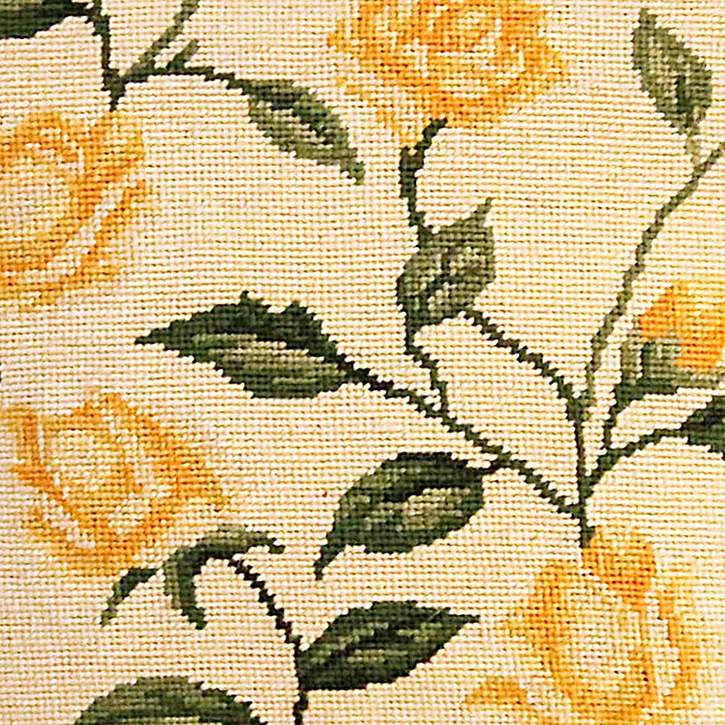 Hand-stitched wool detail of Texas Yellow Rose Vine needlepoint pillow showing intricate weave pattern and texture
