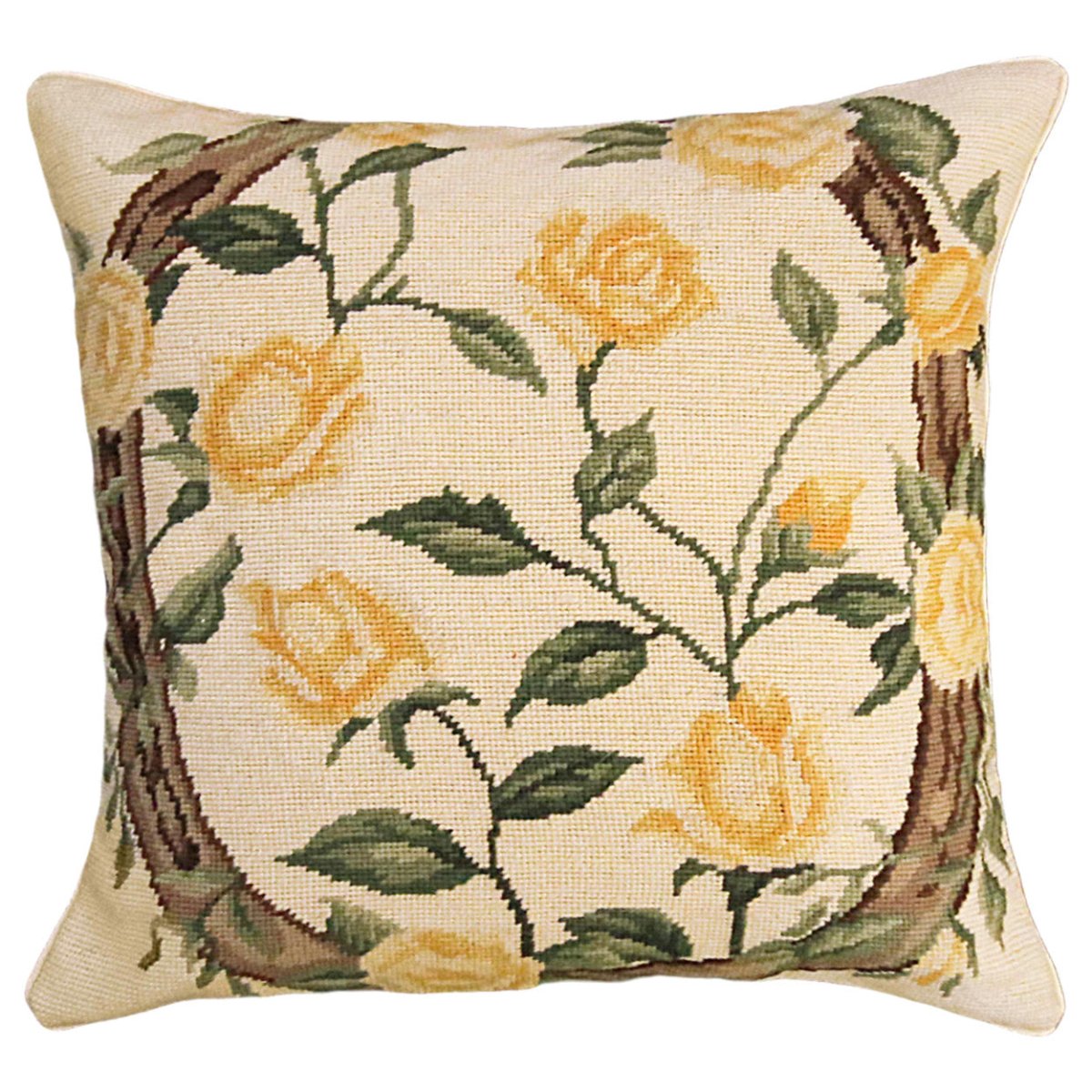 Texas Yellow Rose Vine needlepoint throw pillow showcasing iconic landmarks