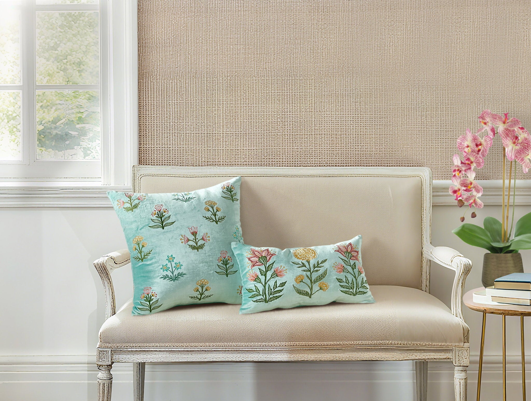 Three Blooms Blue Spring Mughal Embroidered Throw Pillow shown alongside other designs in the same collection, 9x16 inch