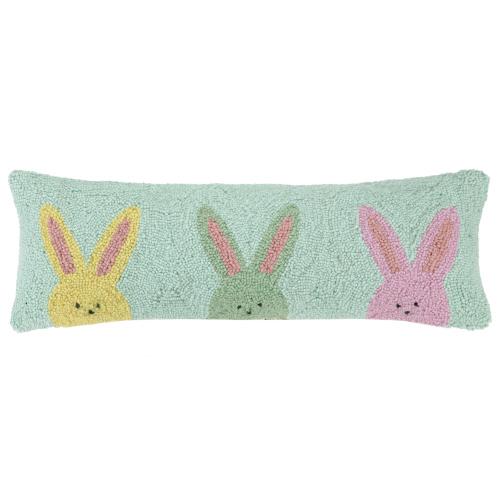 Three Peeps Type Bunny's Hooked Wool Easter Throw Pillow, 8x24 inch, front view