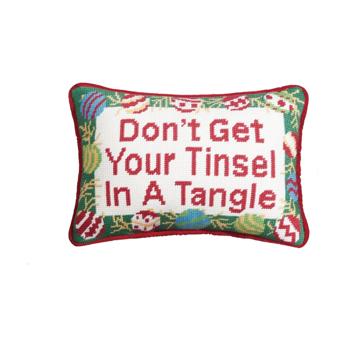 Tinsel Tangle Ebb Needlepoint Christmas Throw Pillow, 8x12 inch, front view