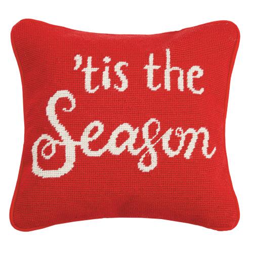Tis the Season Wool Needlepoint Christmas Throw Pillow, 12x12 inch, front view