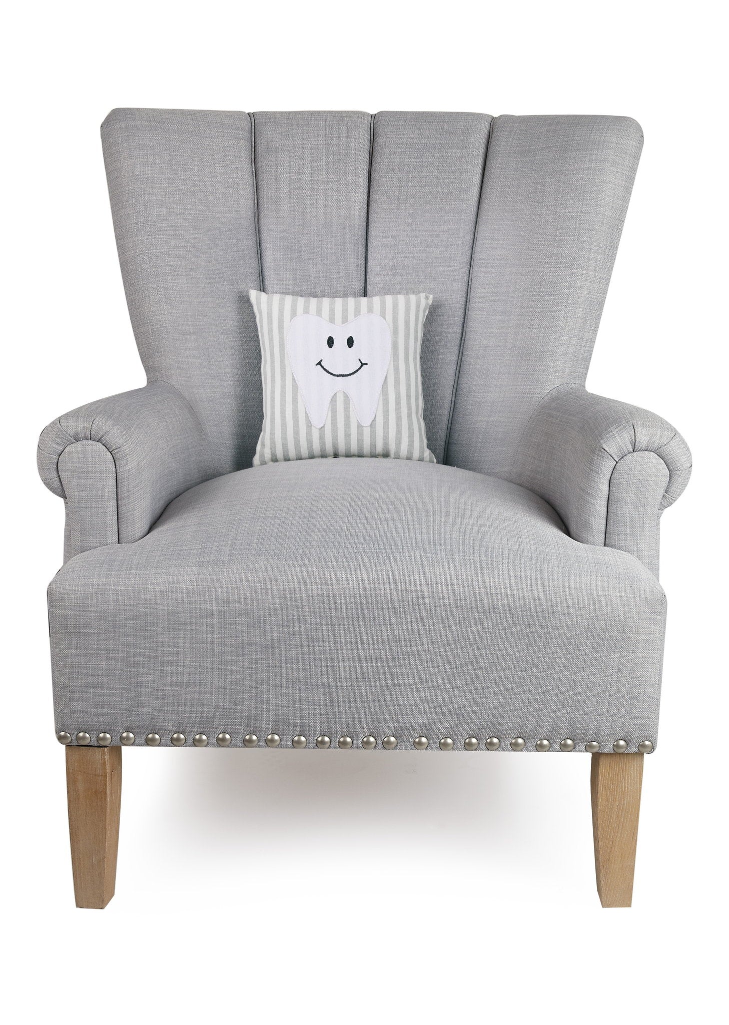 Tooth Fairy Embroidered Throw Pillow on an armchair, showing the throw pillow at room scale, 10x10 inch
