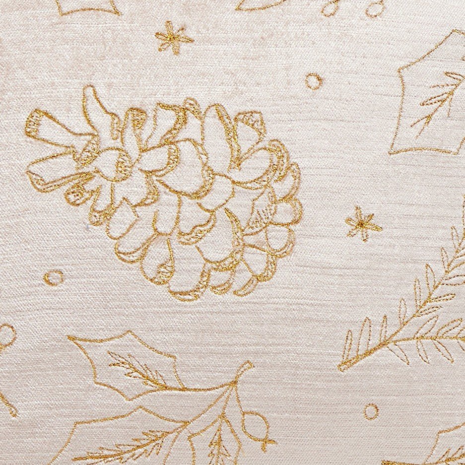 Tossed Foliage Champagne Velvet Embroidered Christmas Throw Pillow, close-up detail