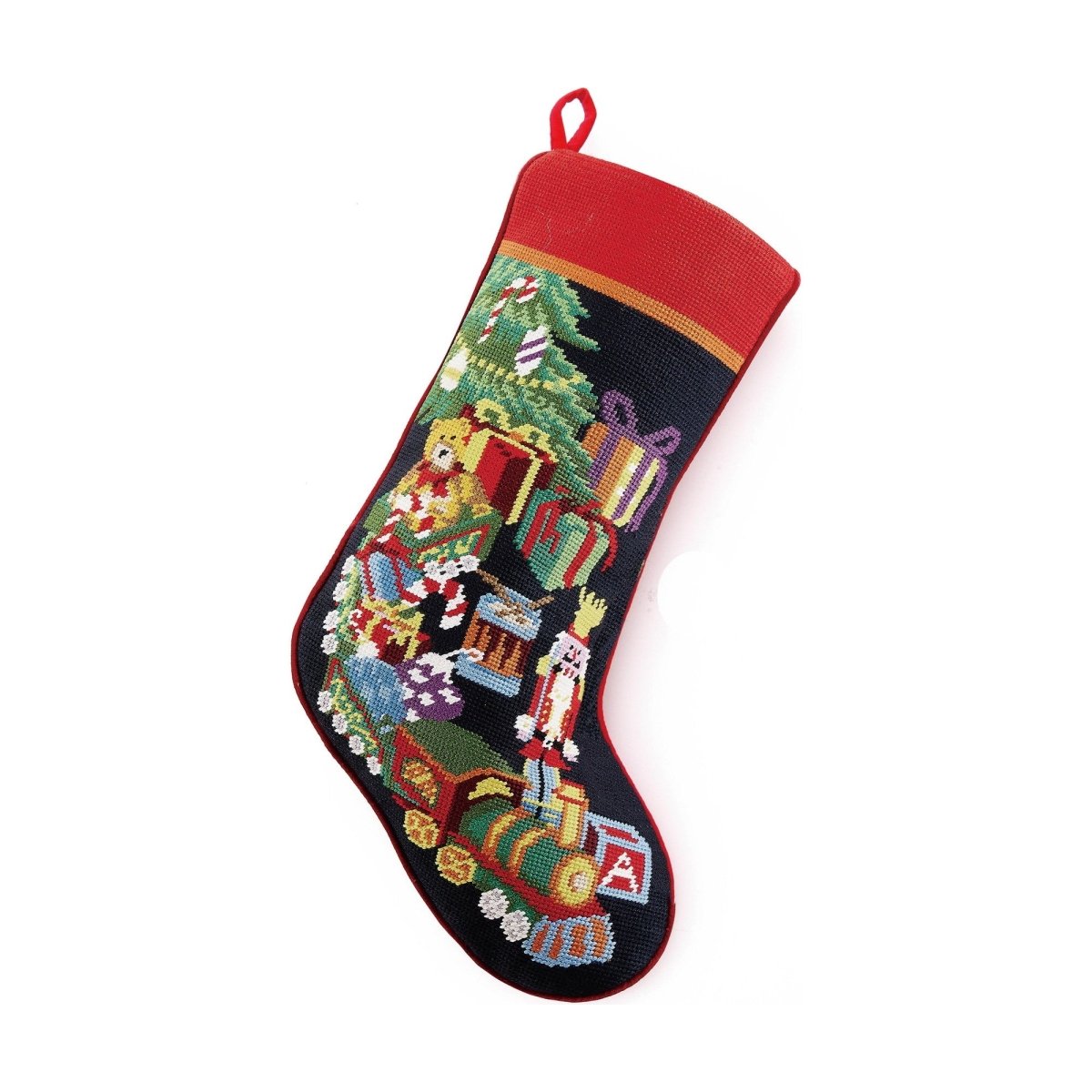 Toy Train Embroidered Christmas Stocking, 11x18 inch, front view