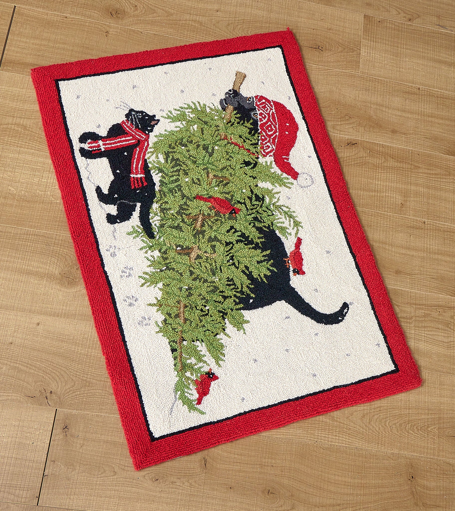 Tree- Lab Hooked Wool Christmas Rug styled in a room setting, 27x40 inch