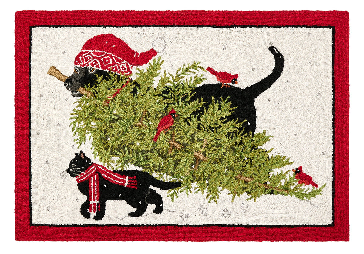 Tree- Lab Hooked Wool Christmas Rug, 27x40 inch, front view