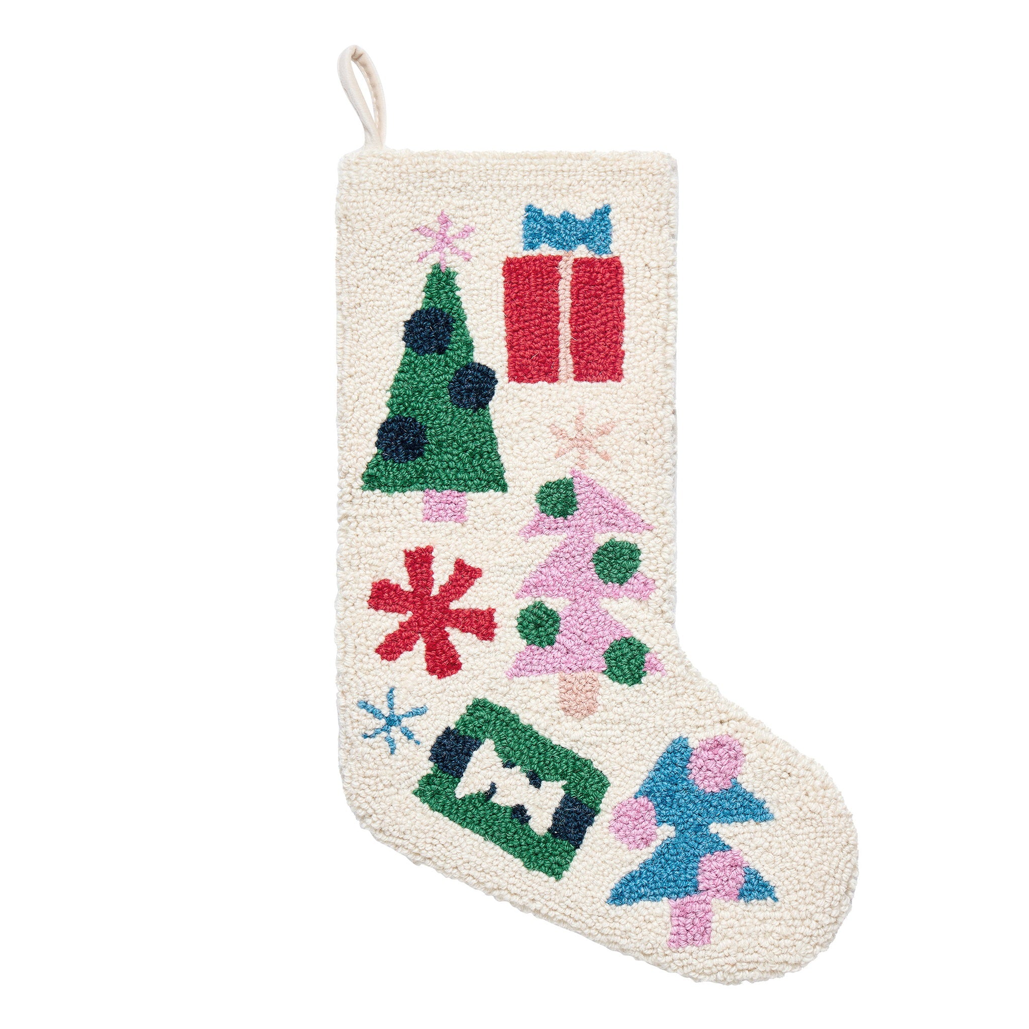 Tree Presents Hooked Wool Christmas Stocking, 12x20 inch, front view