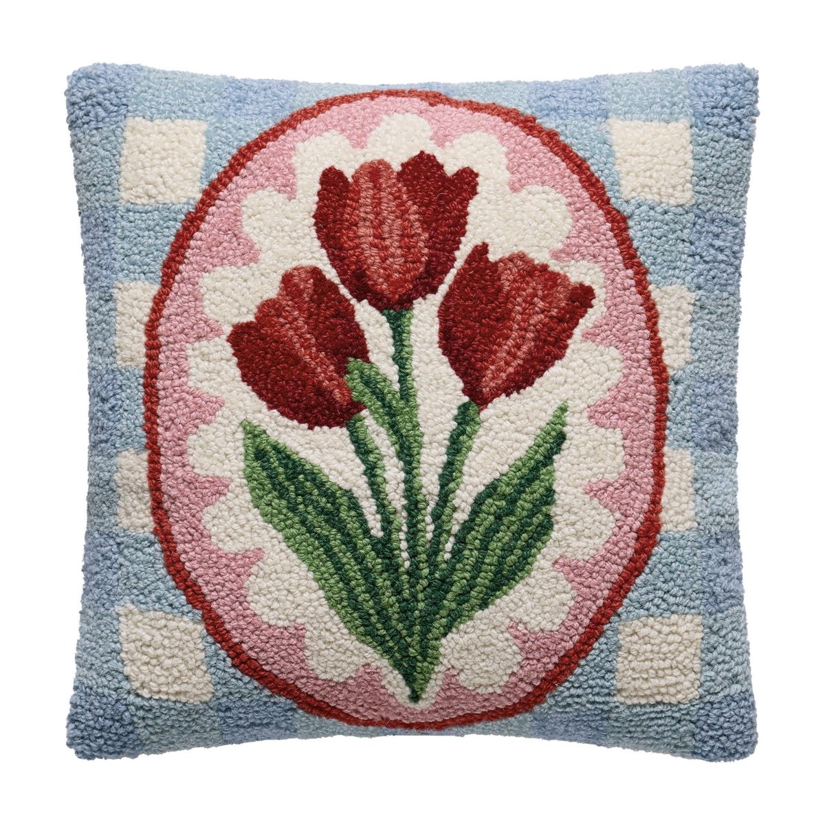 Tulip Frame Hooked Wool Throw Pillow, 14x14 inch, front view