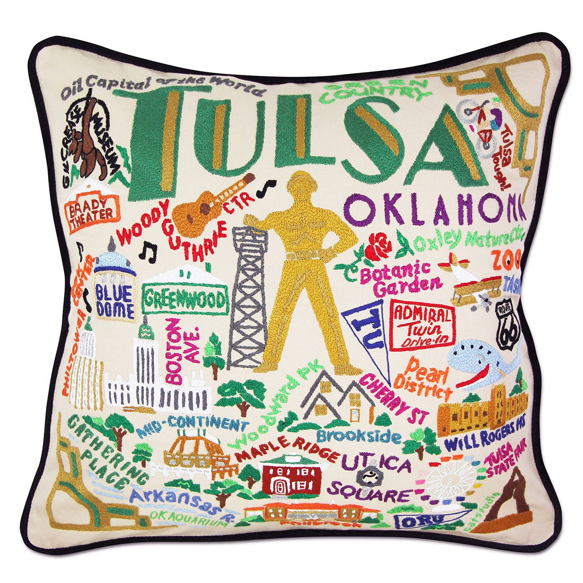 Tulsa, OK Oil City hand-embroidered throw pillow showcasing iconic landmarks