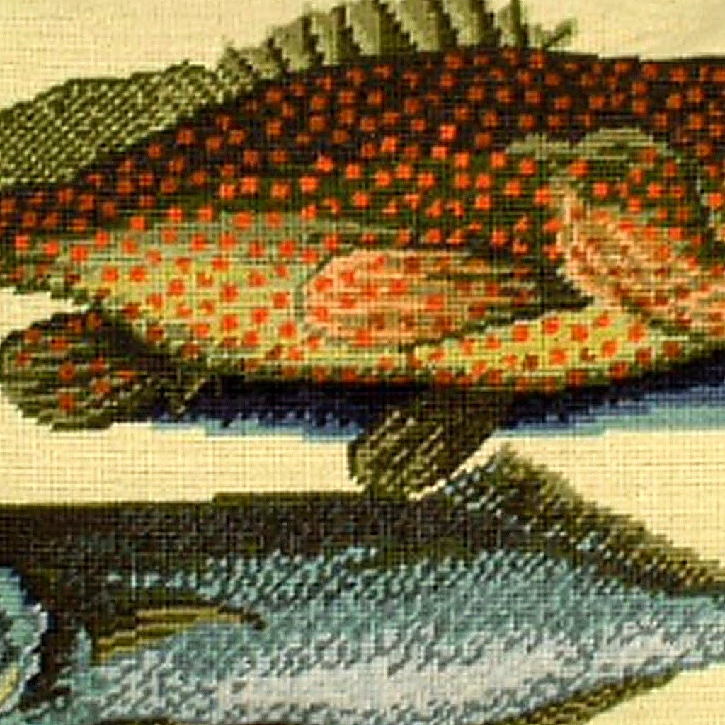 Two Fish Cugupuguacu Wildlife pillow fabric closeup showing hand-embroidered needlepoint wool texture and color detail