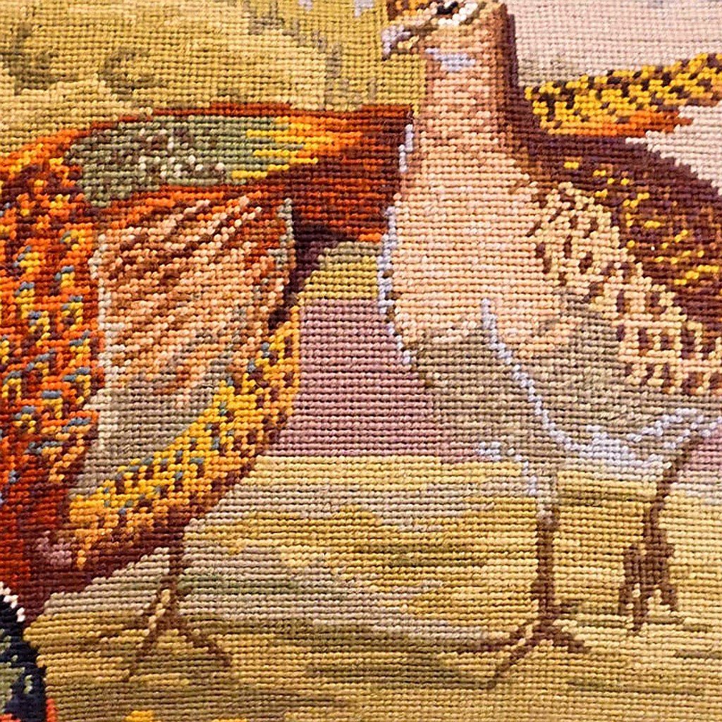 Two Pheasants Wildlife Lodge pillow fabric closeup showing hand-embroidered needlepoint wool texture and color detail