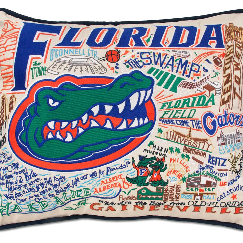 University of Florida Gators hand-embroidered Variant 2 throw pillow featuring school colors and mascot imagery