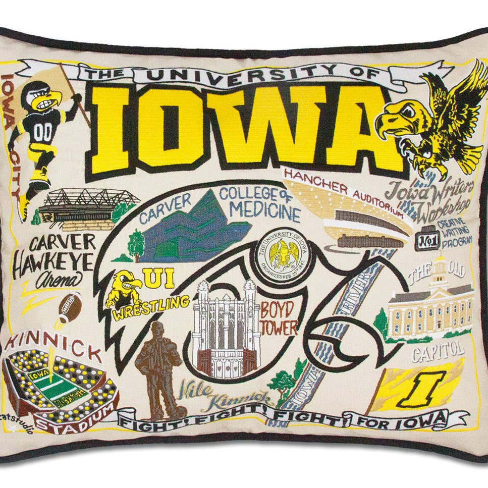 University of Iowa Hawkeyes hand-embroidered throw pillow featuring school colors and mascot imagery