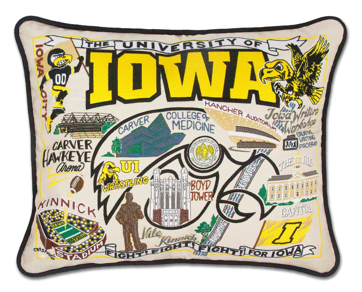 University of Iowa Hawkeyes hand-embroidered throw pillow featuring school colors and mascot imagery