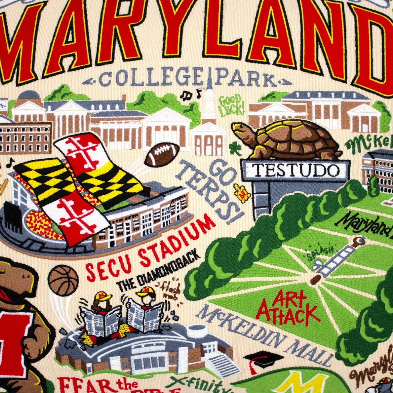 Close-up embroidery detail of the University of Maryland Terrapins Embroidered College Pillow