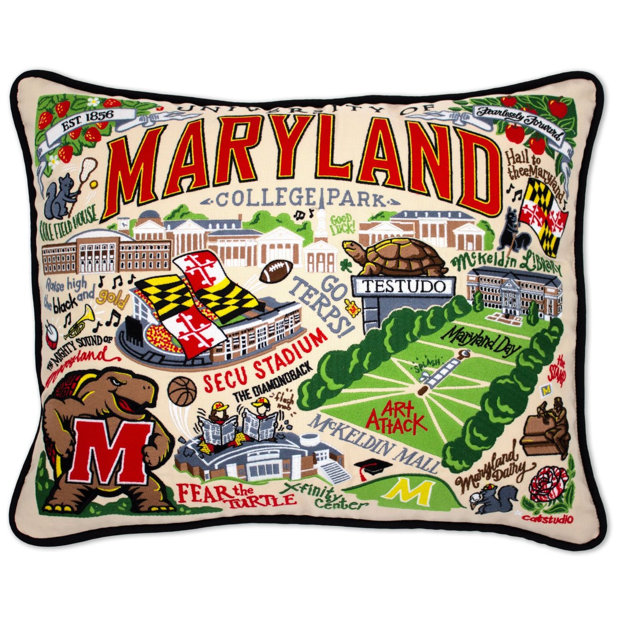 University of Maryland Terrapins hand-embroidered throw pillow featuring school colors and campus landmarks