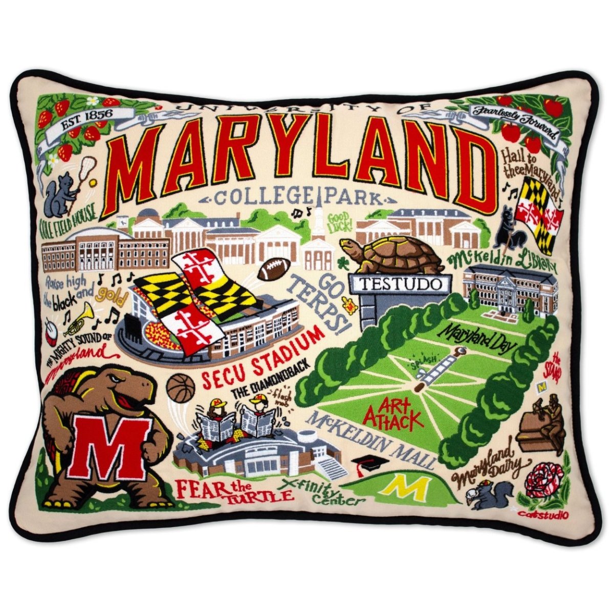 University of Maryland Terrapins hand-embroidered throw pillow featuring school colors and campus landmarks