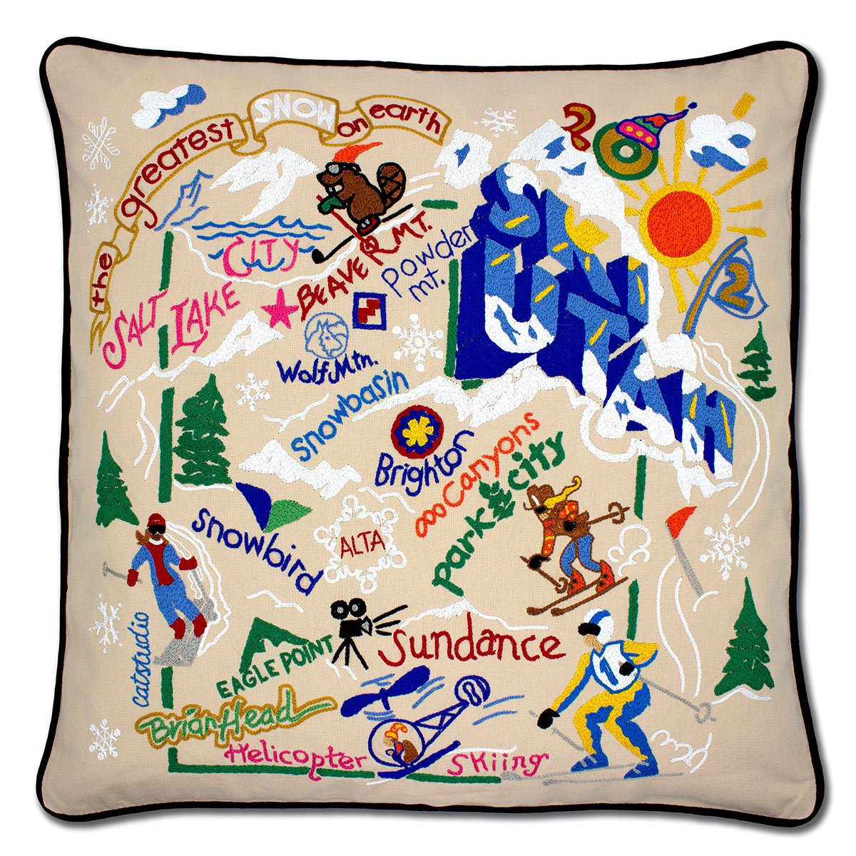 Utah Wasatch Range hand-embroidered throw pillow with rustic lodge-style design