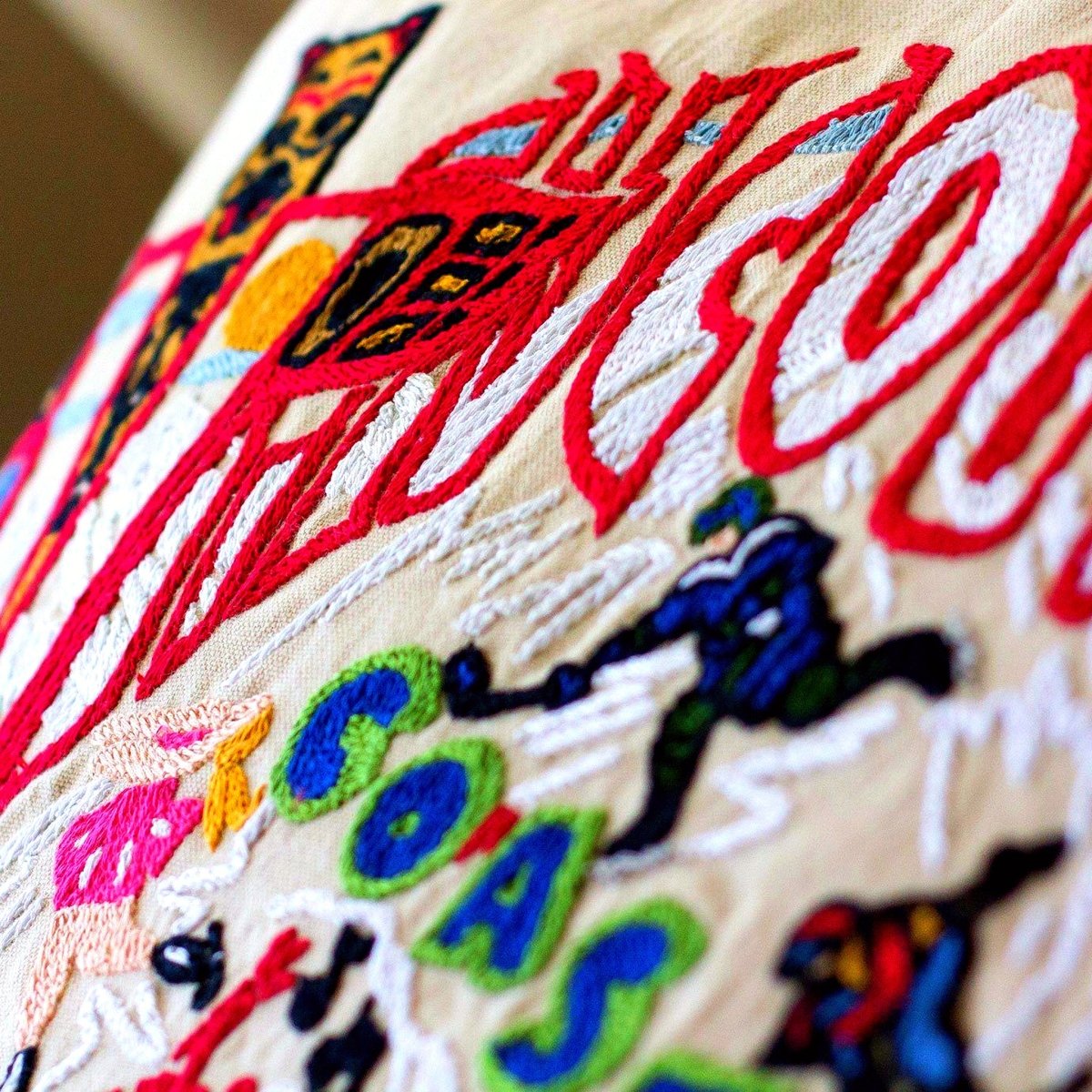 Vancouver Coastal City Embroidered Throw Pillow - close-up detail of hand-embroidered needlepoint stitching