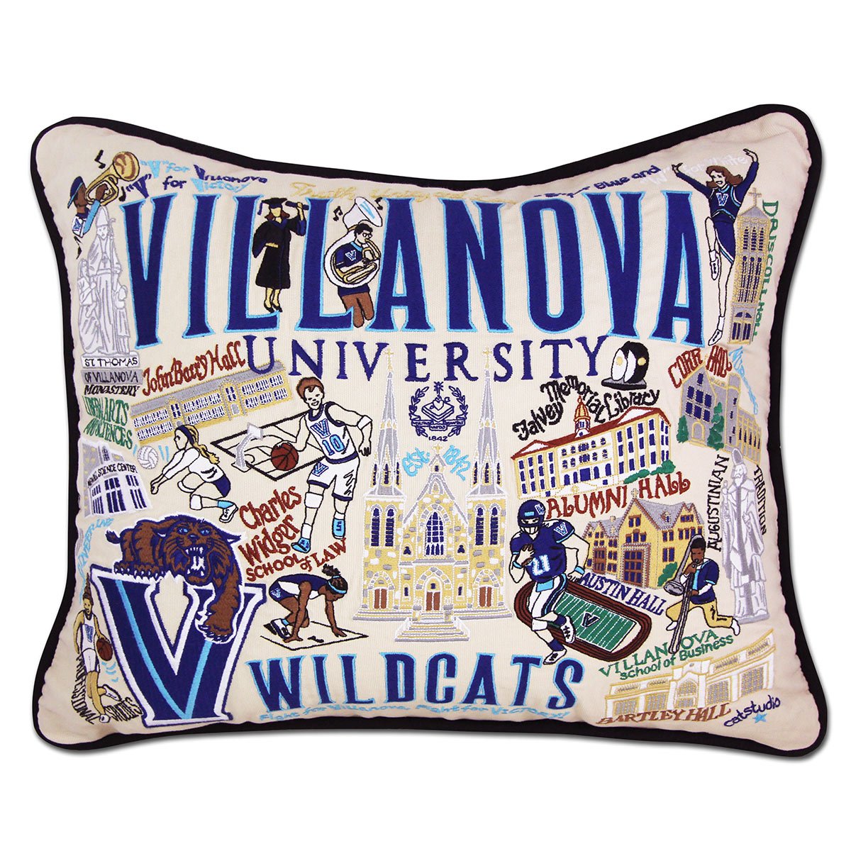 Villanova University Wildcats hand-embroidered throw pillow featuring school colors and mascot imagery