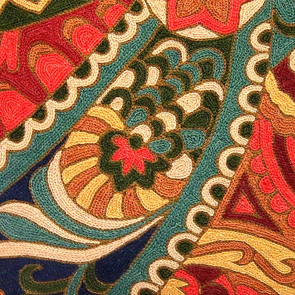 Closeup of Vintage Floral Abstract Botanical Embroidered needlepoint throw pillow highlighting hand-stitched wool craftsmanship and fabric detail