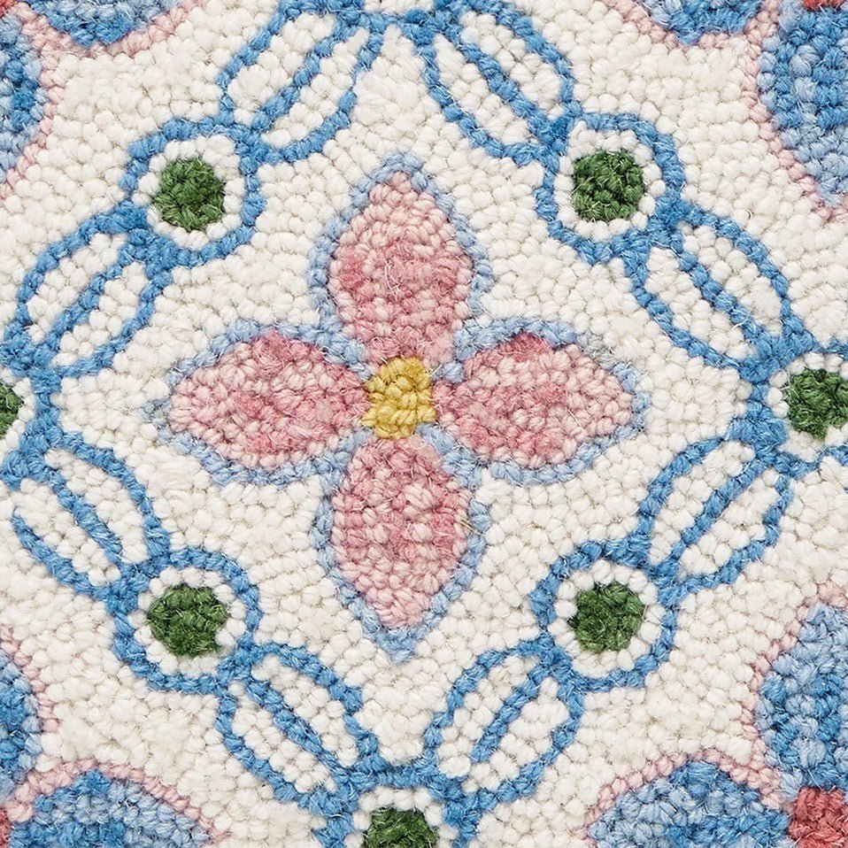 Vintage Floral Tile Hooked Wool Throw Pillow, close-up detail