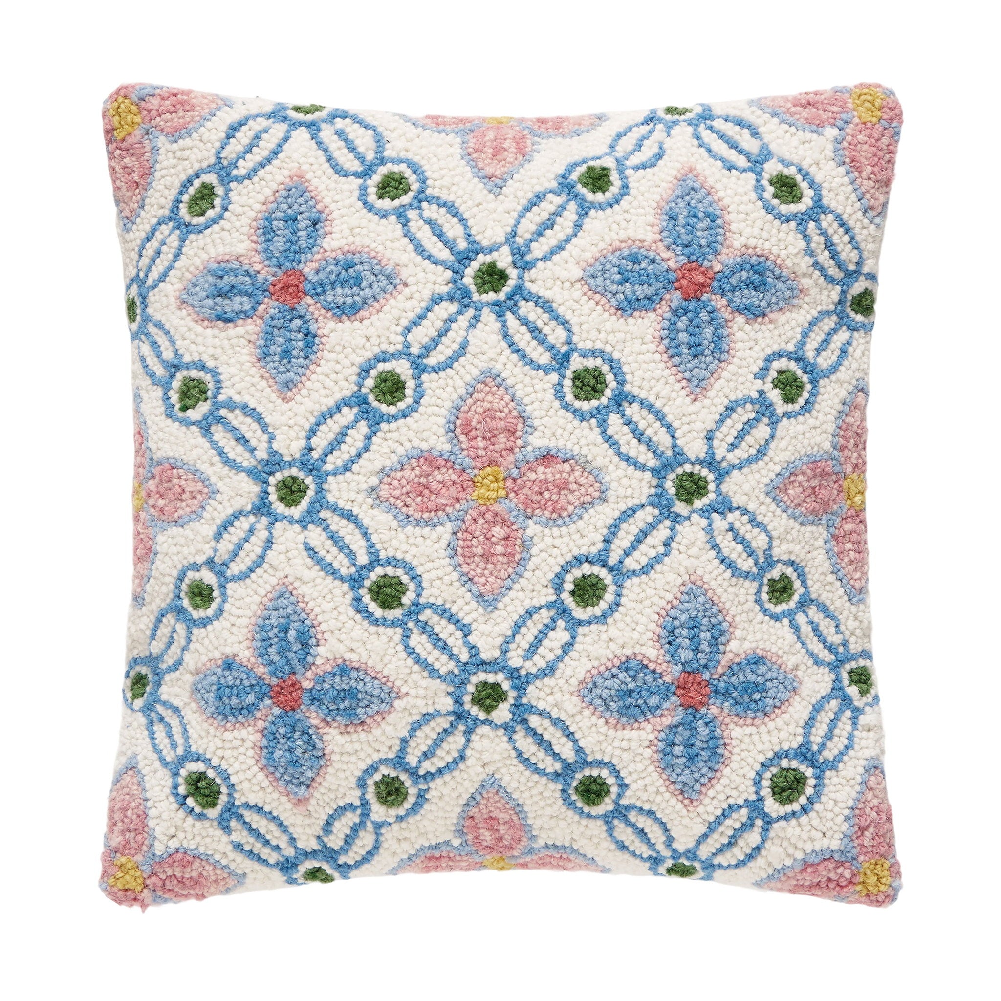 Vintage Floral Tile Hooked Wool Throw Pillow, 16x16 inch, front view