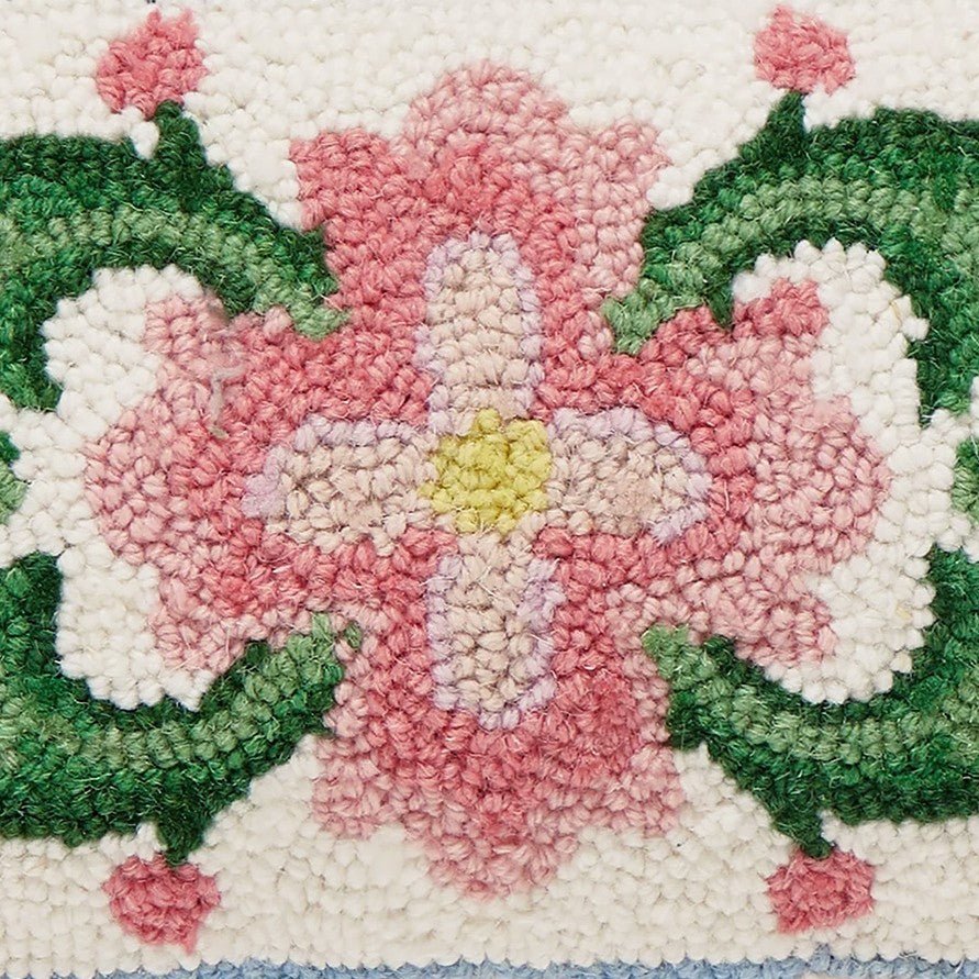 Vintage Floral Tile Lumber Hooked Wool Throw Pillow, close-up detail