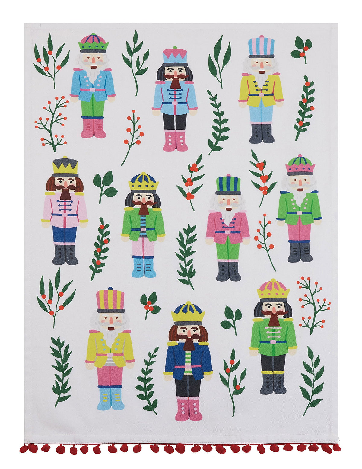 Vintage Nutcrackers with Pom Pom Printed Christmas Kitchen Towel, 18x25 inch, front view