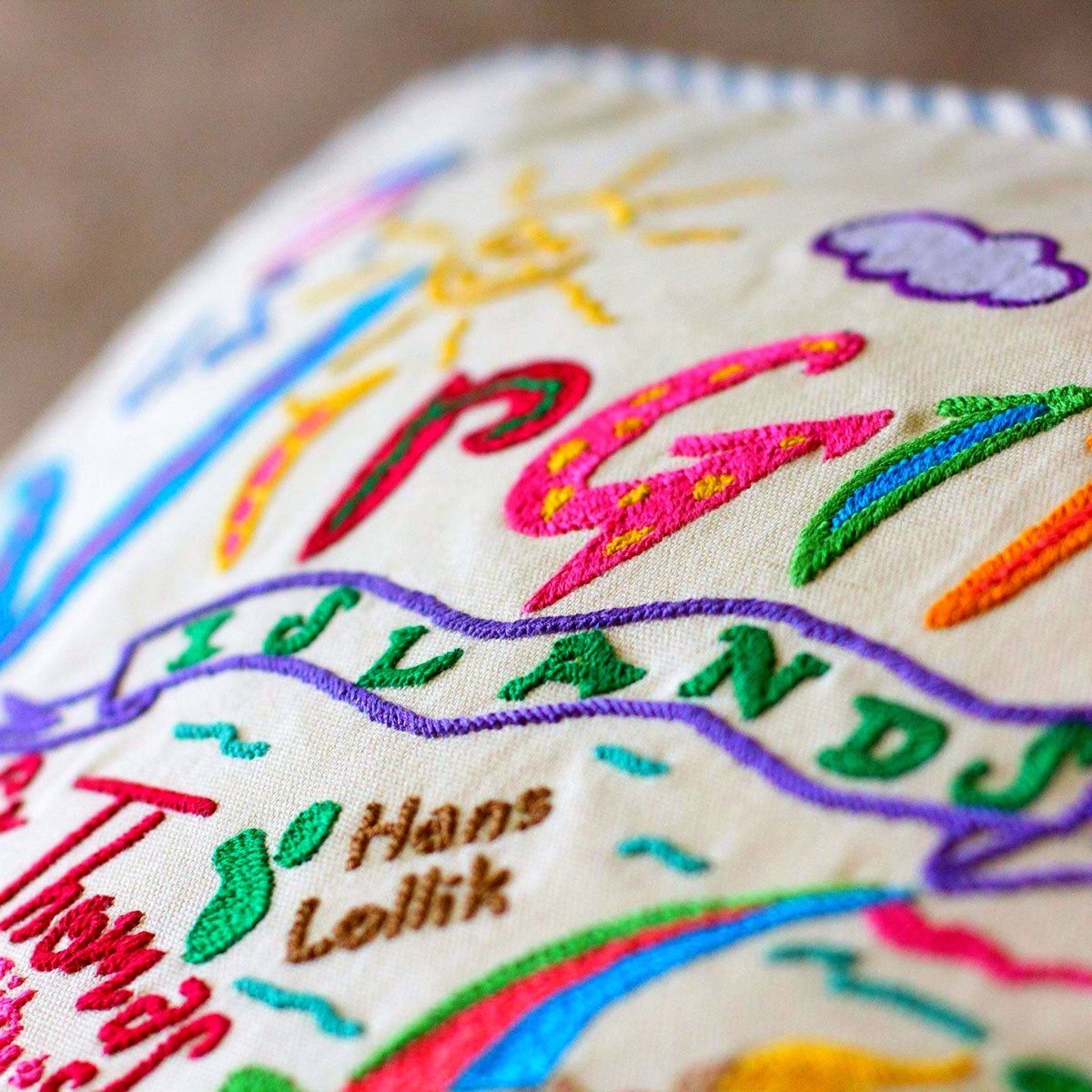 Virgin Islands Tropical Travel Embroidered Throw Pillow - close-up detail of hand-embroidered needlepoint stitching