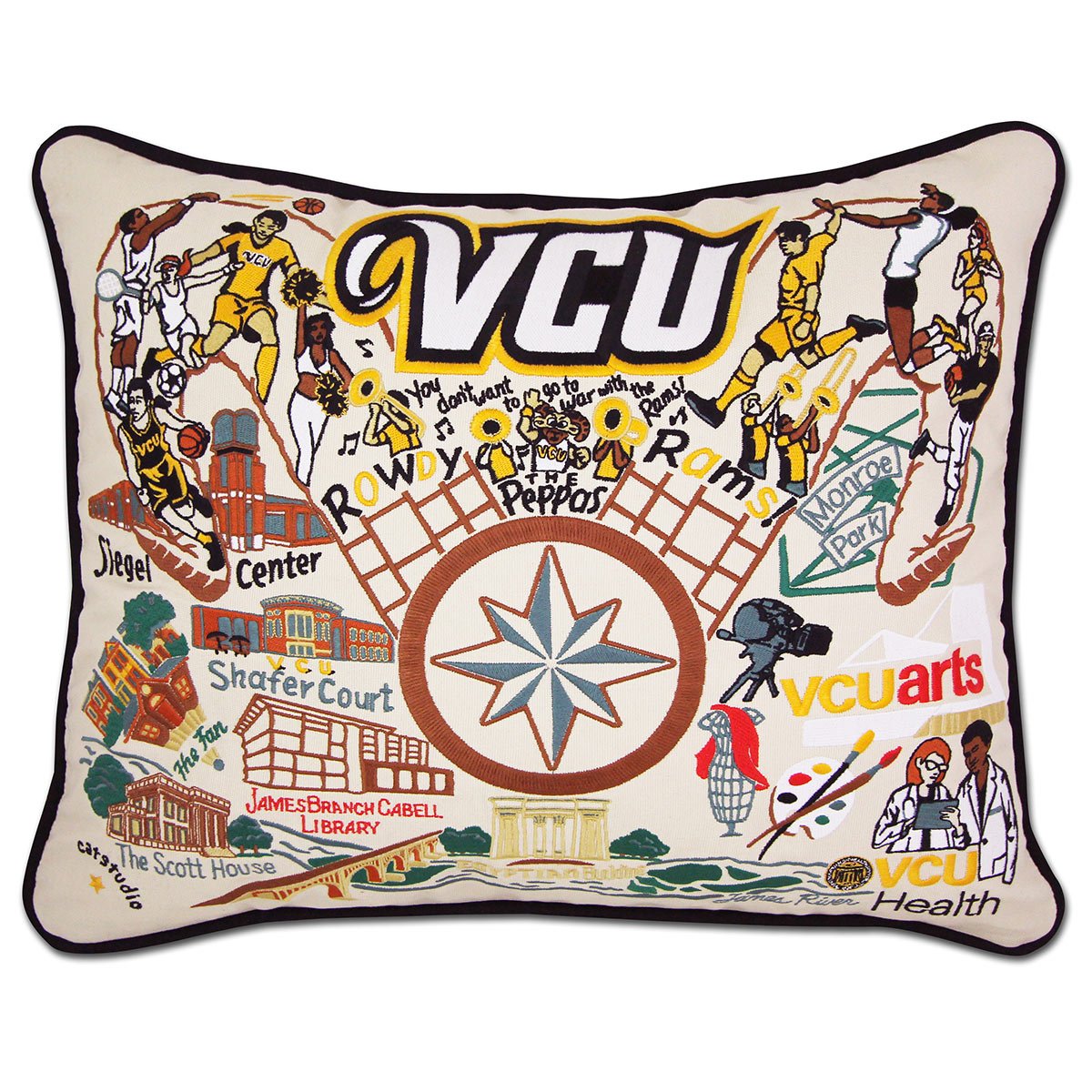 Virginia Commonwealth University Rams hand-embroidered throw pillow featuring school colors and mascot imagery
