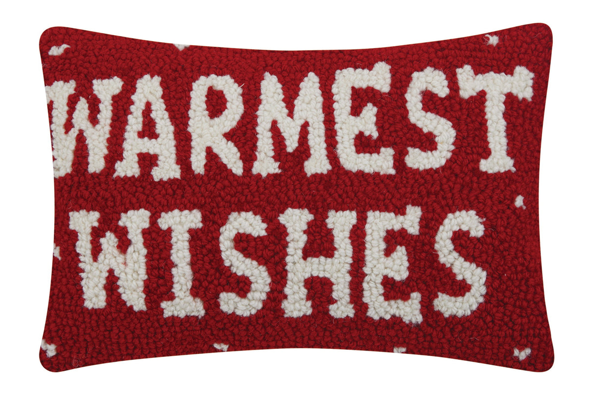 Warmest Wishes Hooked Wool Christmas Throw Pillow, 8x12 inch, front view