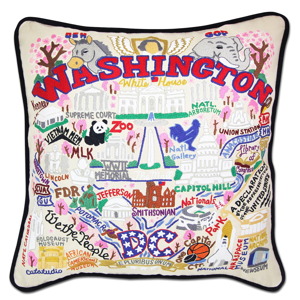 Washington DC Capital State hand-embroidered throw pillow showcasing iconic landmarks