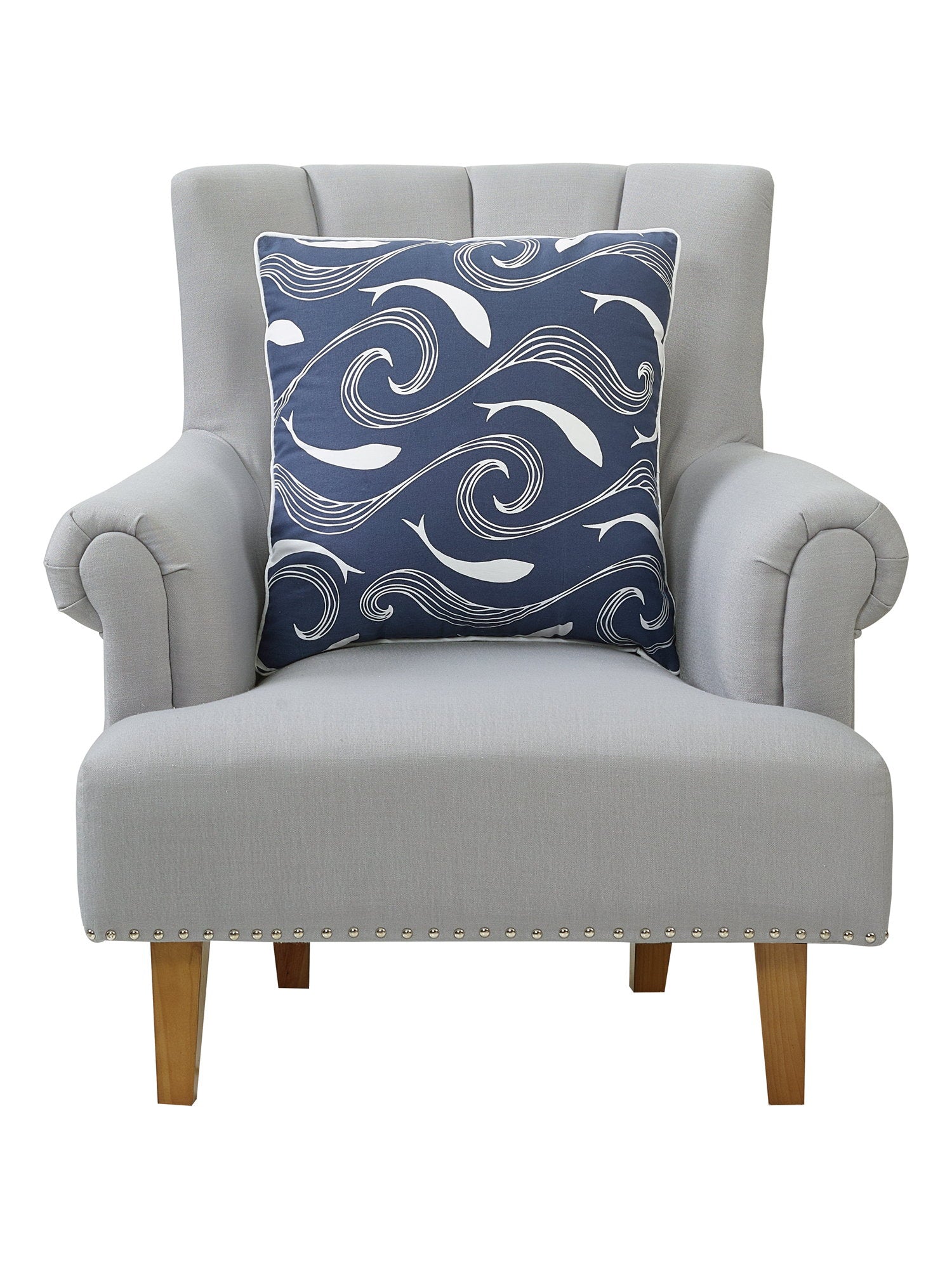 Wave Sand Fish Printed Throw Pillow on an armchair, showing the throw pillow at room scale, 20x20 inch