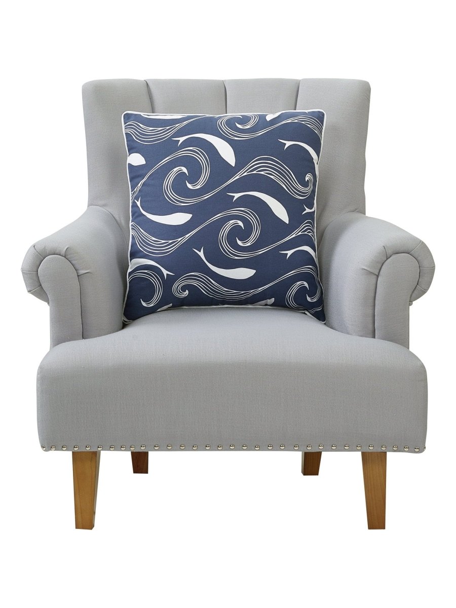 Wave Sand Fish Printed Throw Pillow on an armchair, showing the throw pillow at room scale, 20x20 inch