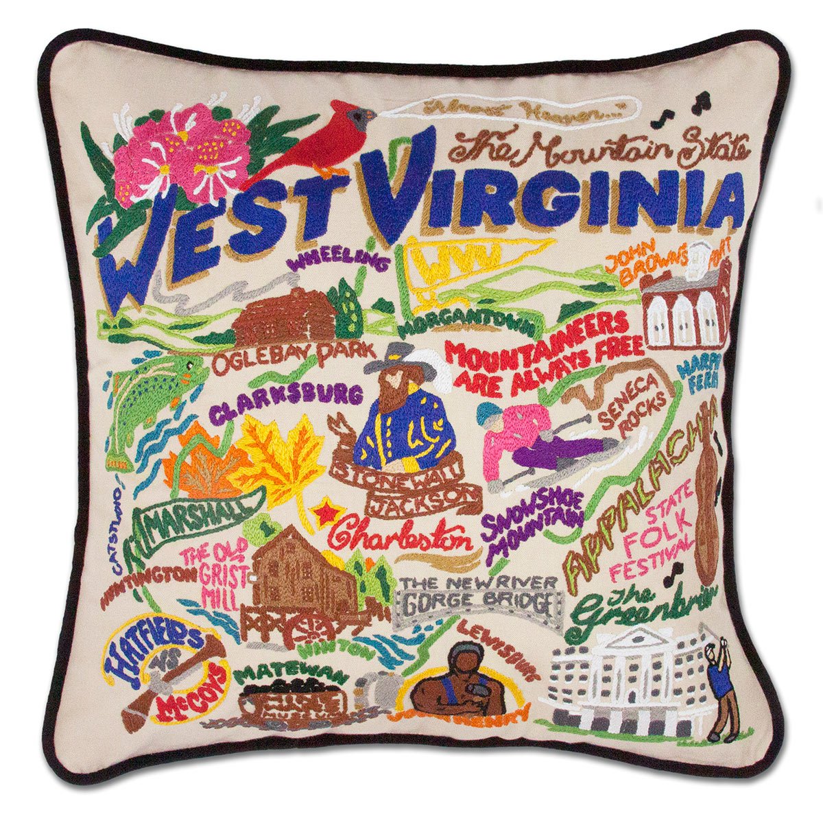 West Virginia State Mountain hand-embroidered throw pillow showcasing iconic landmarks