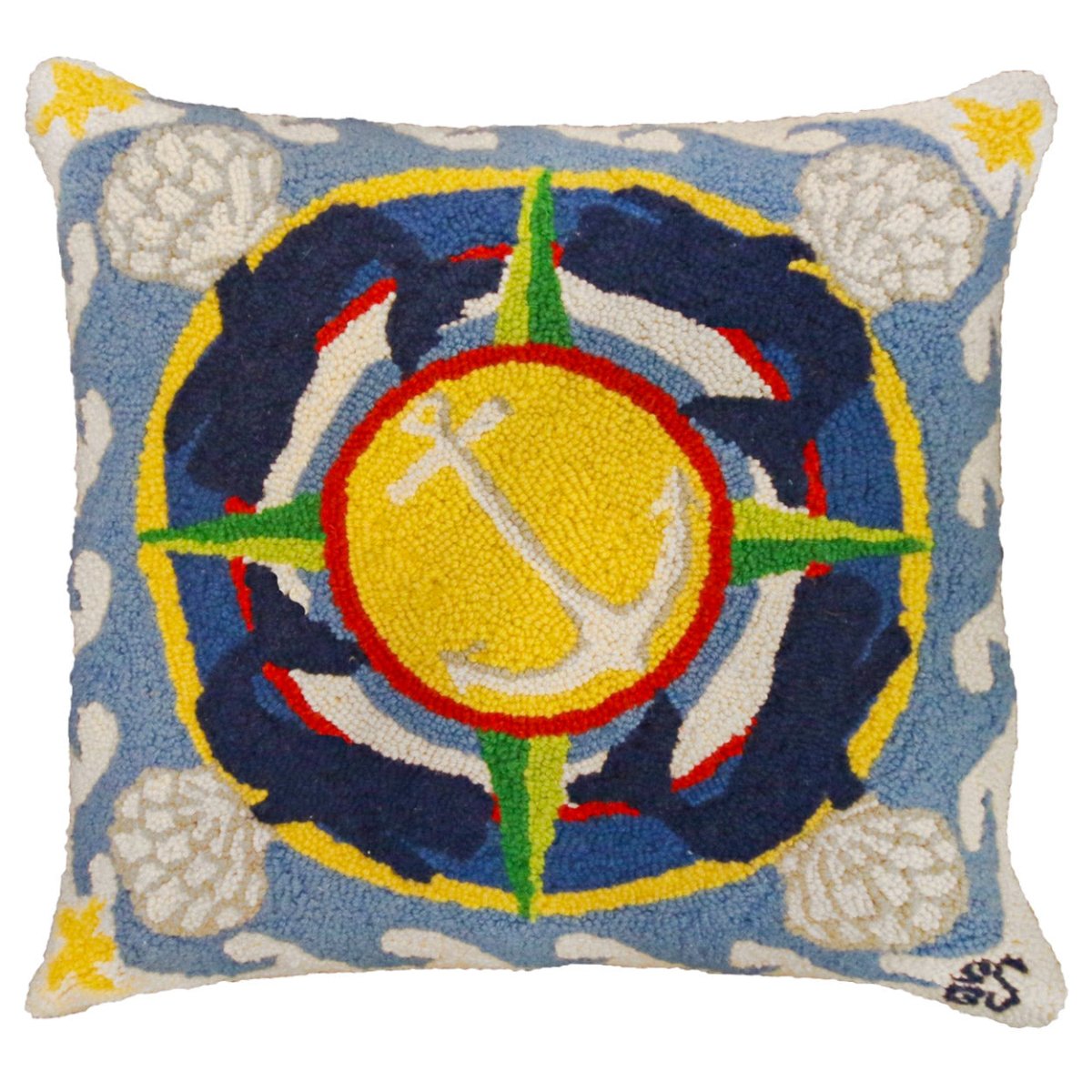 Whales And Anchor hooked wool throw pillow with artisan decorative design